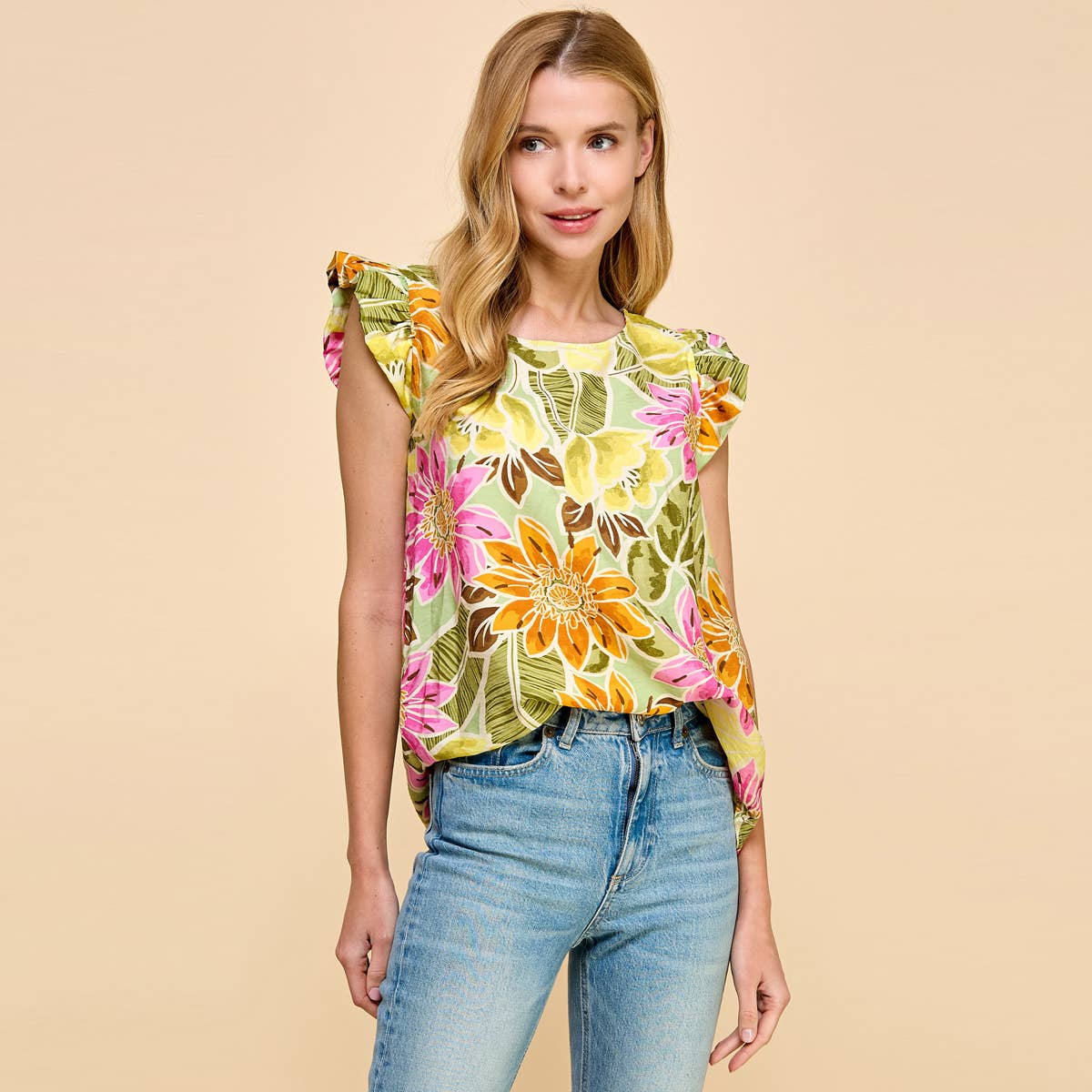 A Little Hawaiian Floral Top with Short Ruffled Sleeves