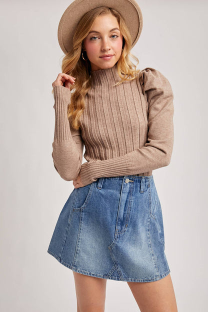 MOCK NECK PUFF SLEEVED KNIT TOP
