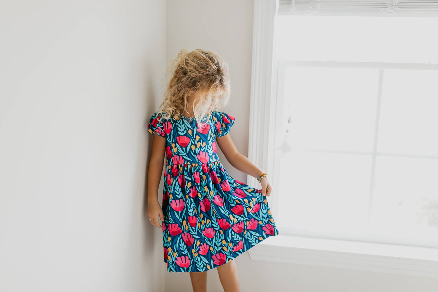 Kids Blue Floral Flutter Sleeve Summer Dress