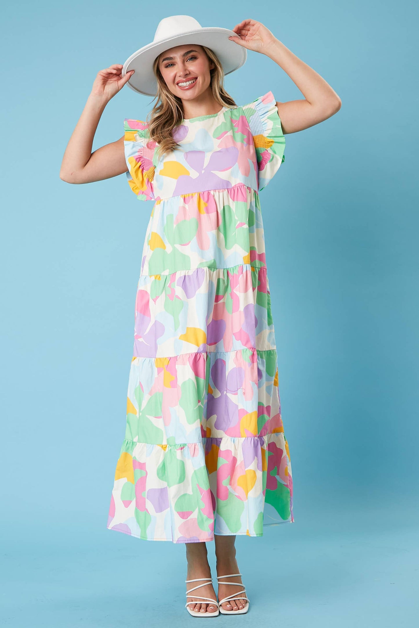 Ava Smocked Ruffle Sleeve Midi Dress: MULTI PASTEL