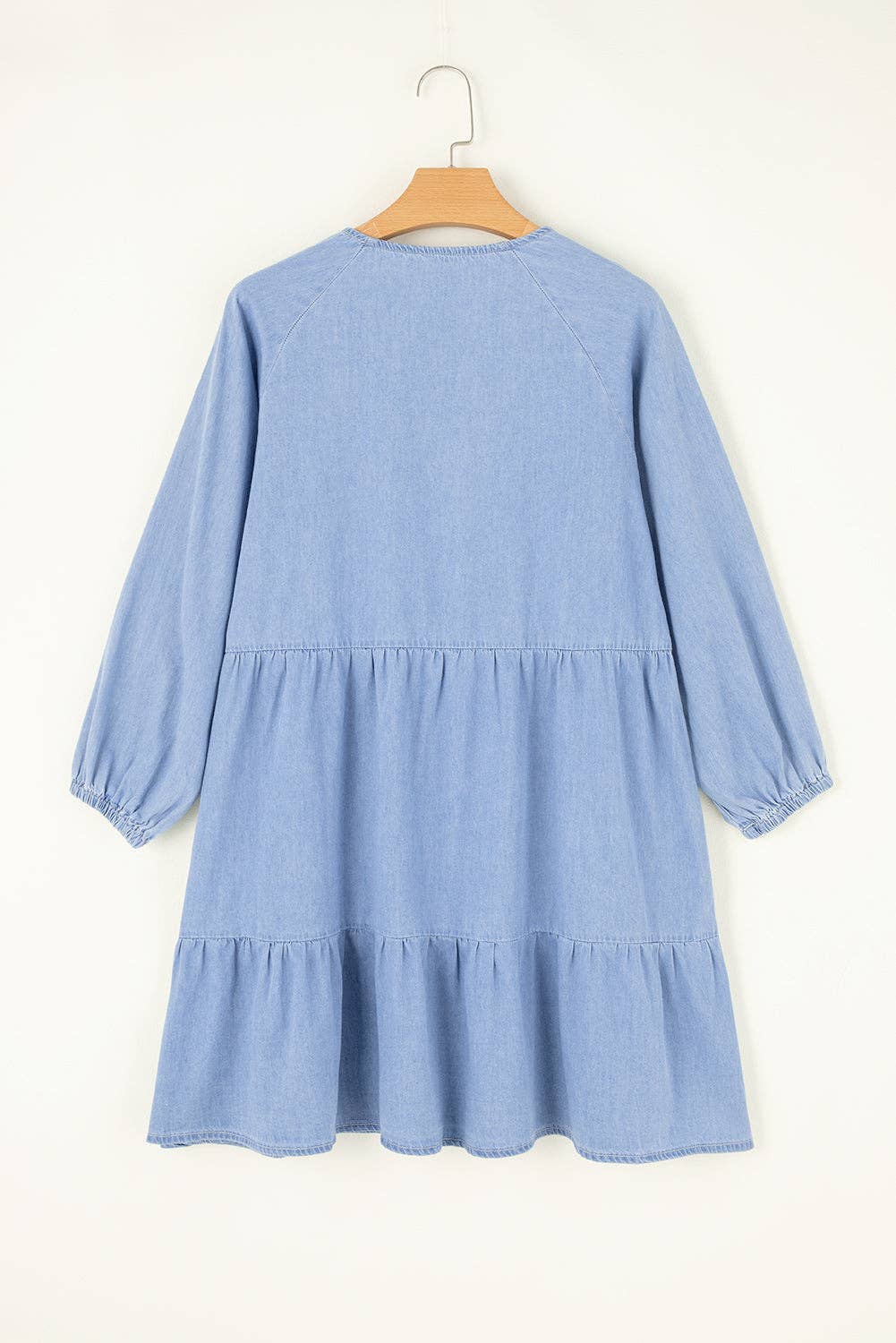Black Puff Sleeve V Neck Tiered Ruffled Chambray Mini Dress