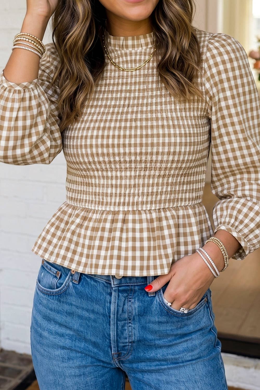 LAS Plaid Smocked Bubble Sleeve Casual Blouse (S-XL)