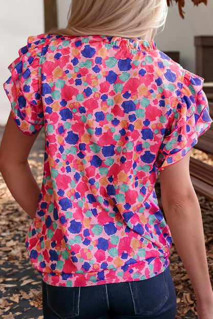 Abstract Print Ruffled Sleeve V Neck Blouse