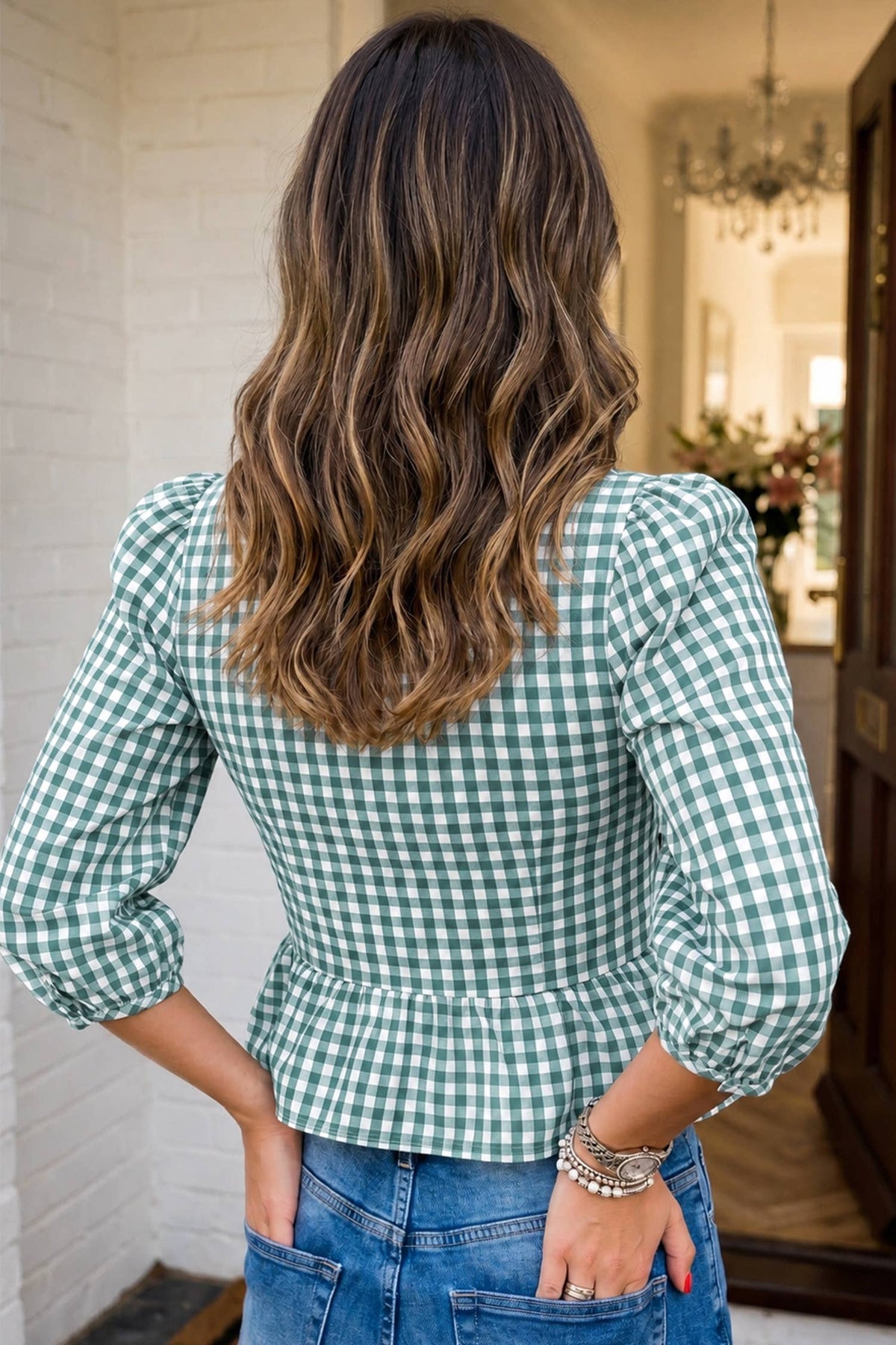 LAS Plaid Smocked Bubble Sleeve Casual Blouse (S-XL)