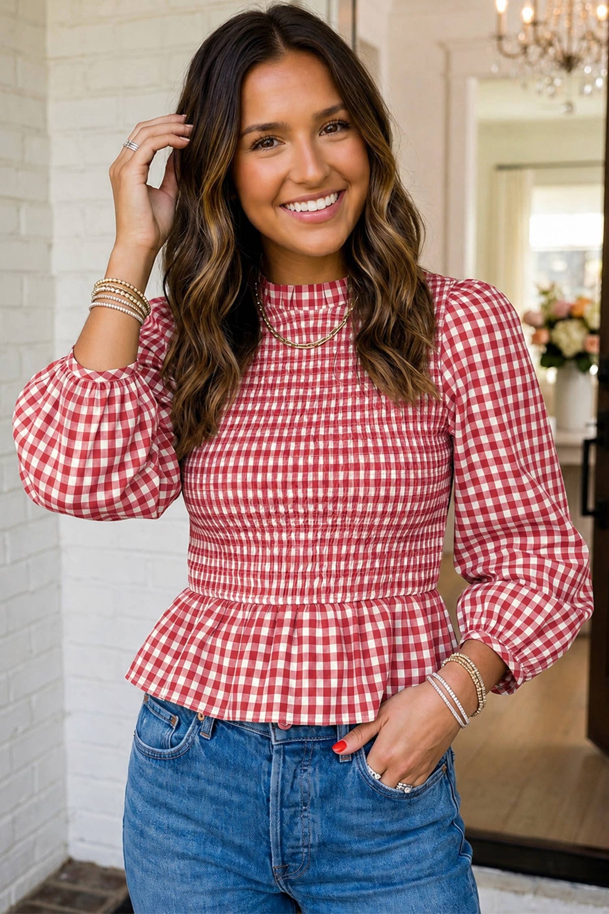 LAS Plaid Smocked Bubble Sleeve Casual Blouse (S-XL)