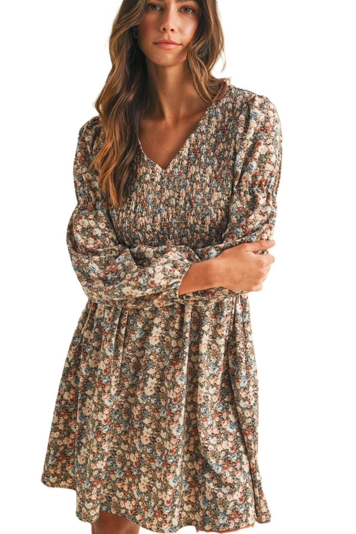 Vintage Flower Print Smocking Detail Mini Dress