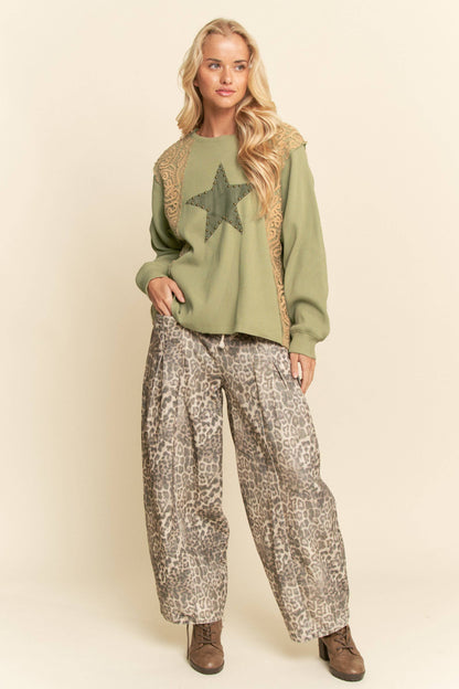 WASHED LEOPARD DEIM ELASTIC JEAN PANTS