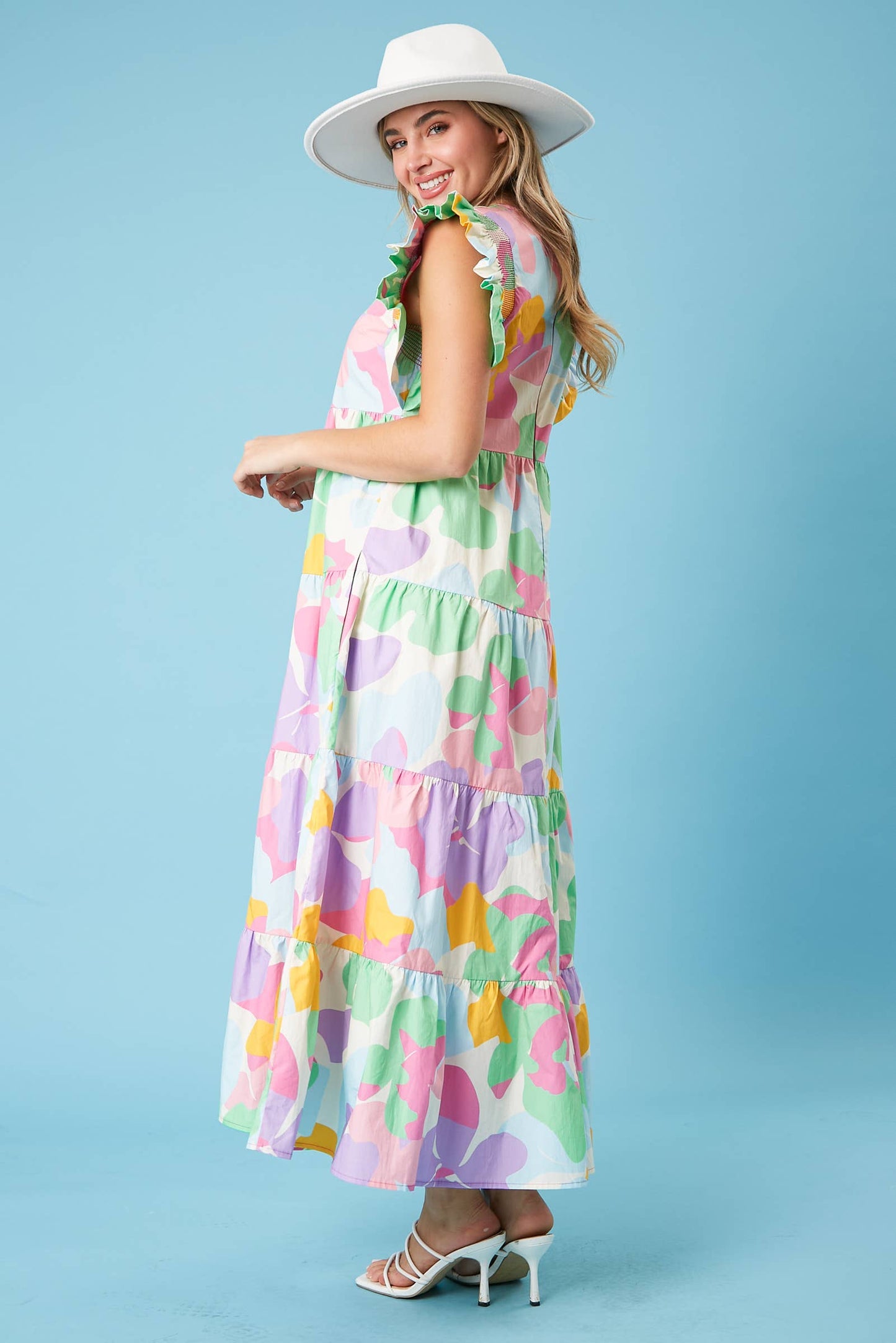 Ava Smocked Ruffle Sleeve Midi Dress: MULTI PASTEL