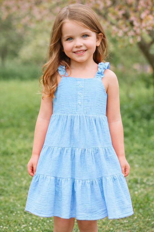 Girl's Blue Crinkle Gauze Dress w/3-Tiers