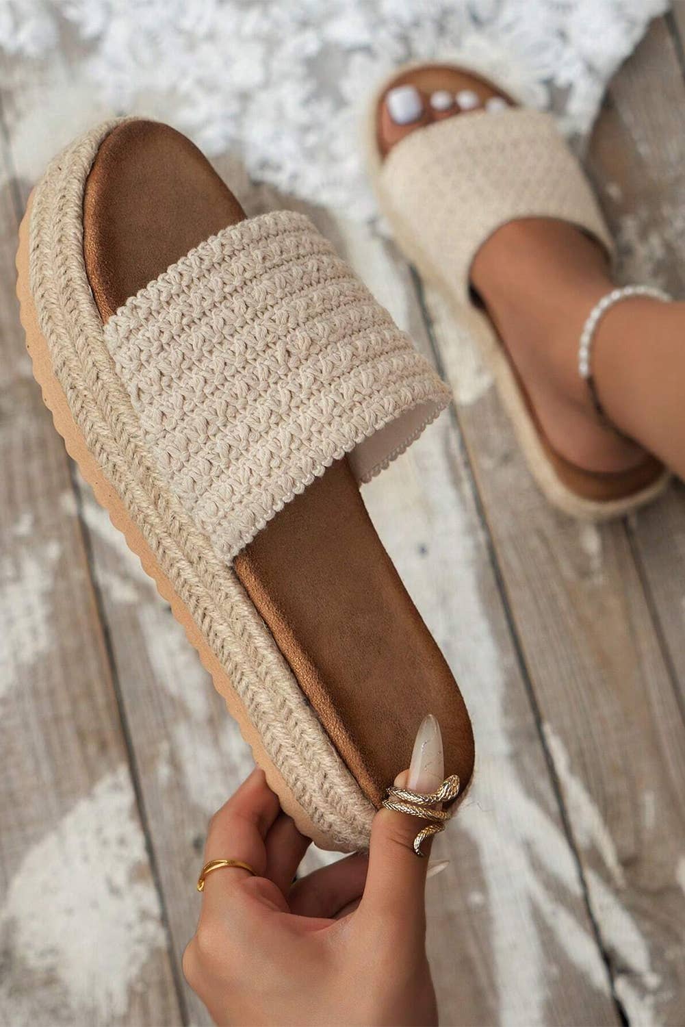Boho Woven Non-slip Wedge Slippers: Beige