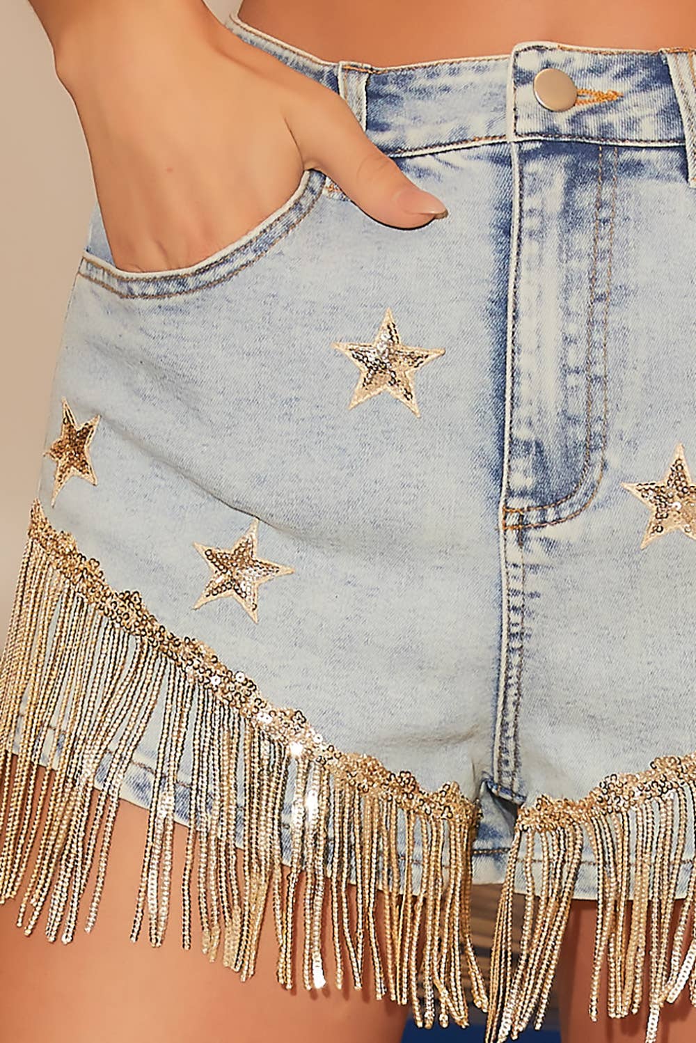Star Fringe Denim Short: DENIM/RED