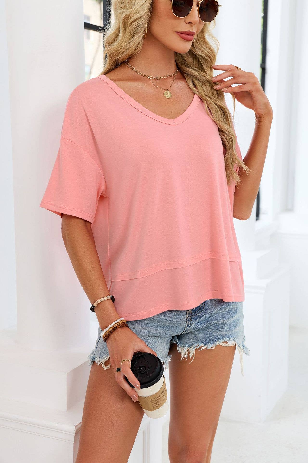 Oversized V Neck Loose Fit Casual Basic Tee