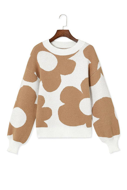 Big Flower Pattern Sweater: Khaki