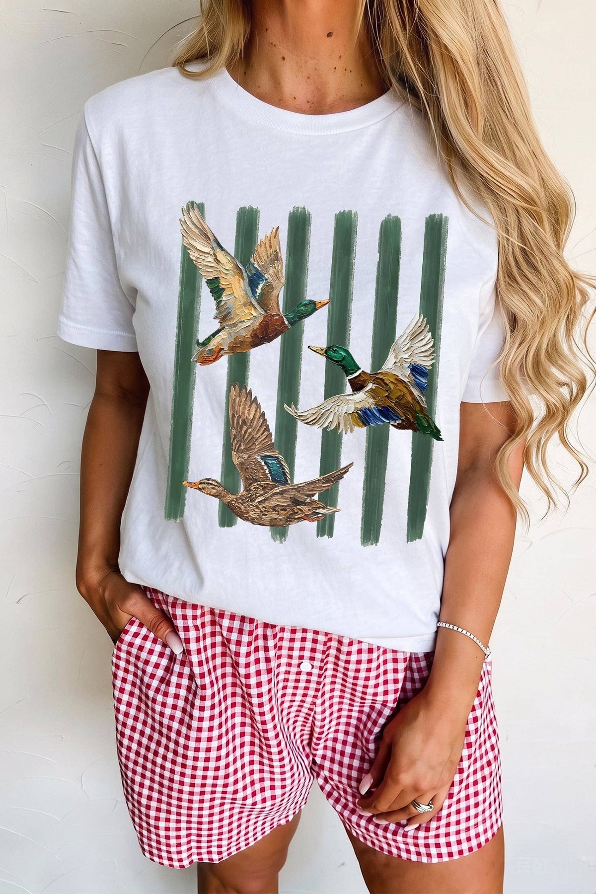 Mallard Duck Graphic Striped Short Sleeve Casual Tee