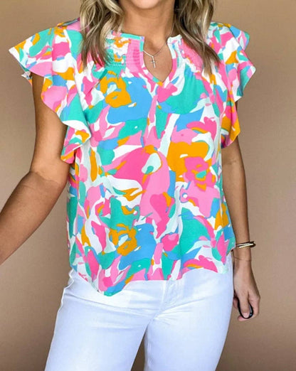 Abstract Flutter Sleeve Blouse: Multicolour