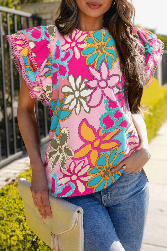 Vibrant Floral Print Trimmed Ruffle Sleeve Blouse