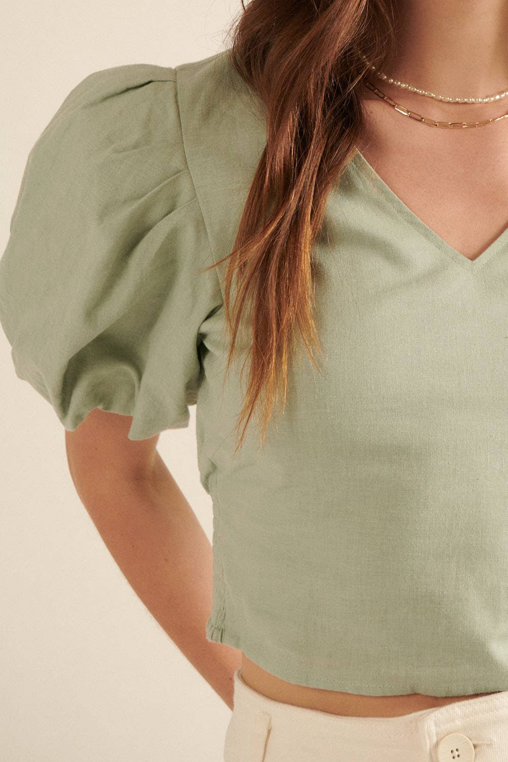 Wide V Neck Short Balloon Sleeve Crop Peasant Top: Seagrass