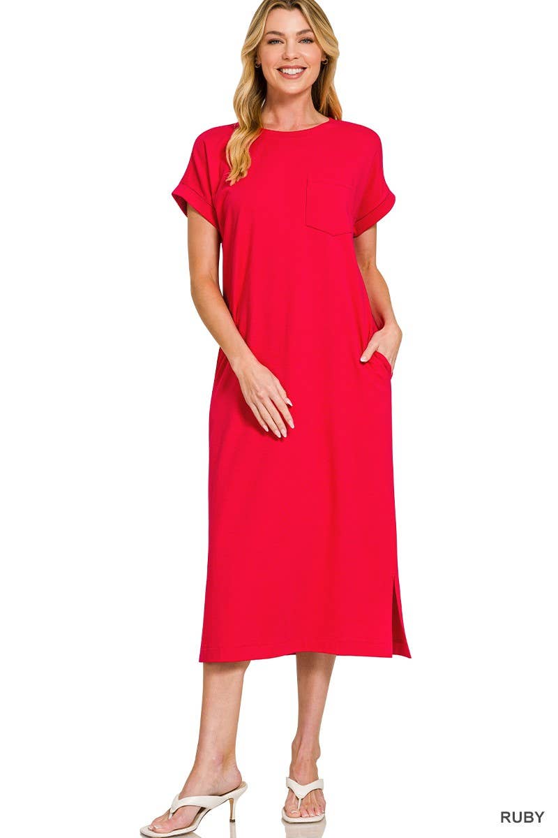 Round Neck Short Sleeve Midi Dress