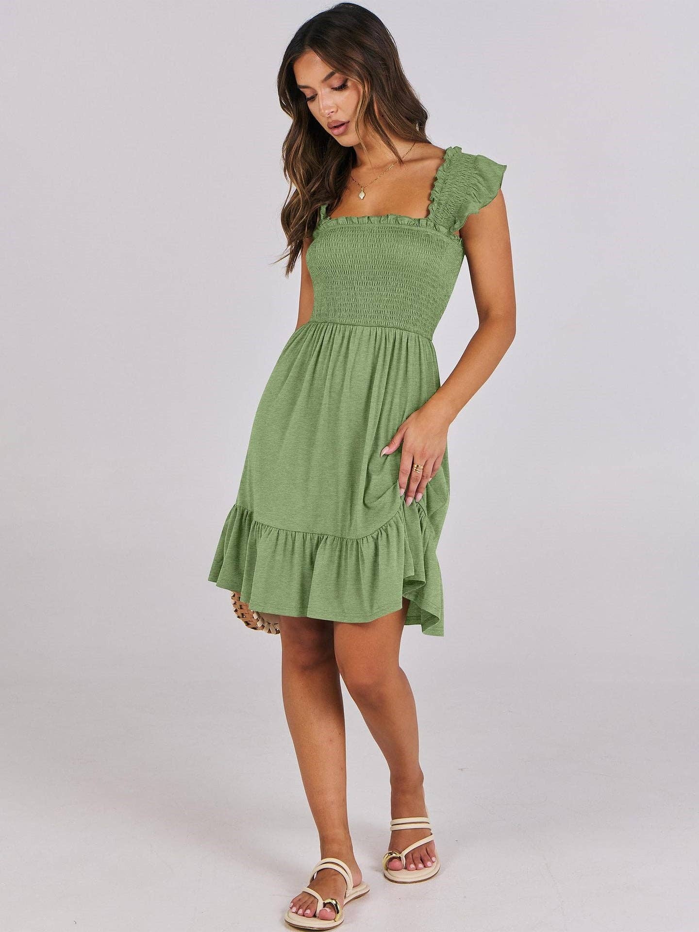 Women’s Smocked Square Neck Ruffle Sleeve Mini Dress Casual Summer Flowy A Line Dress