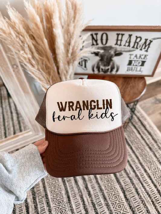 Southern Attitude Designs Inc - Wranglin Feral Kids Brown/Tan Trucker Hat/Brown & Black Ink