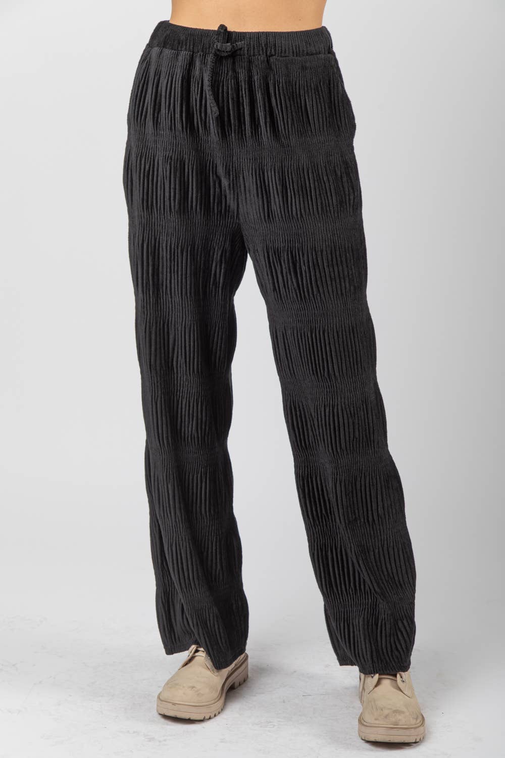 Crinkled Soft Velvet Comfy Straight Pants: Black