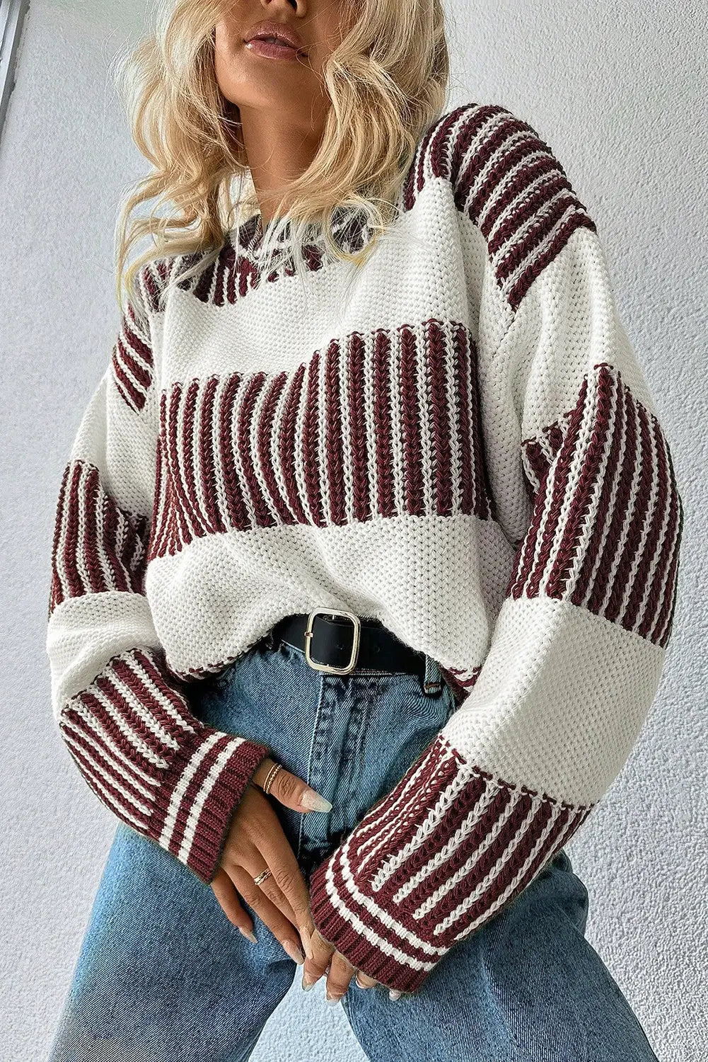 Striped Knit Sweater Trendy Colorblock Oversized Pullover
