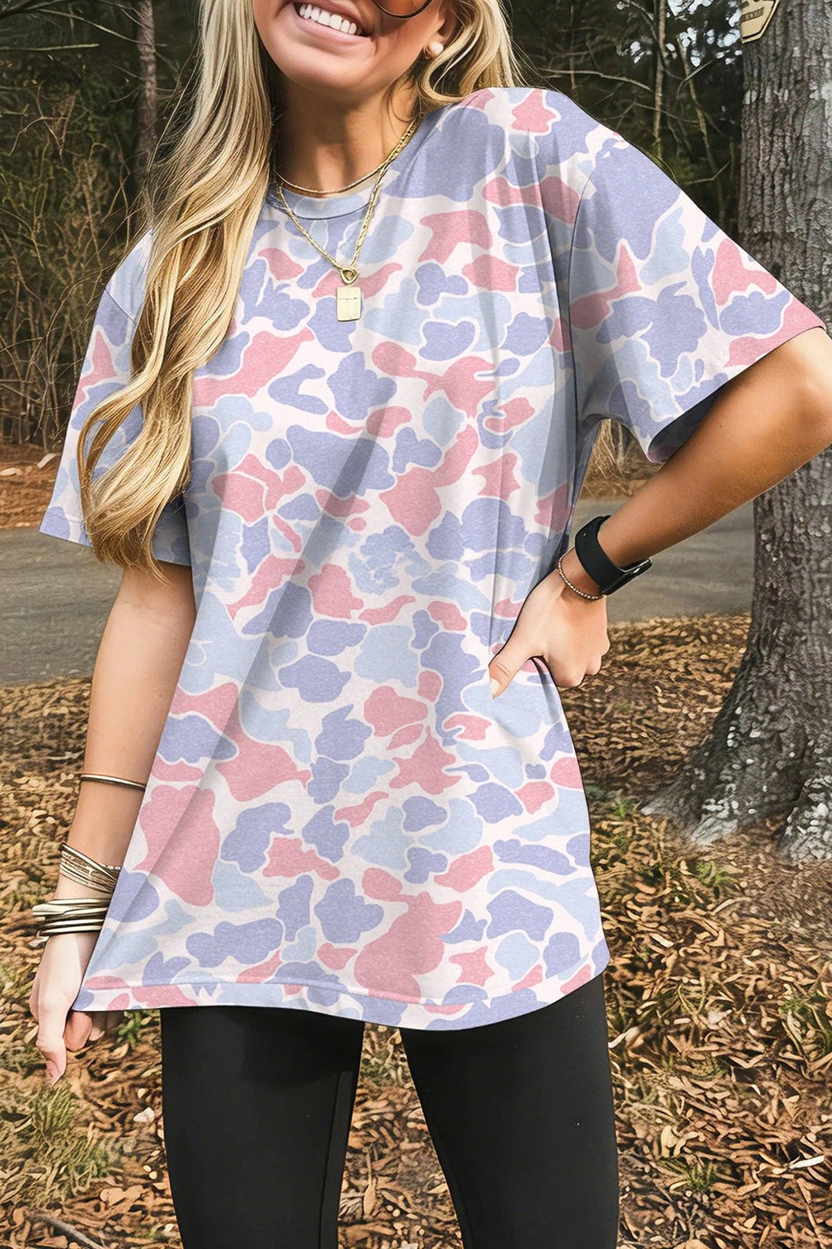 Neutral Camo Print Oversized Casual Crewneck T Shirt