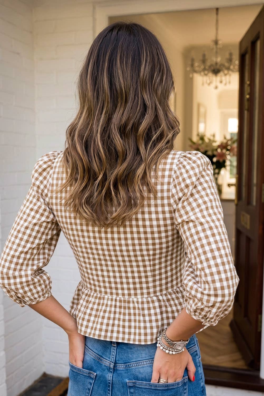 LAS Plaid Smocked Bubble Sleeve Casual Blouse (S-XL)