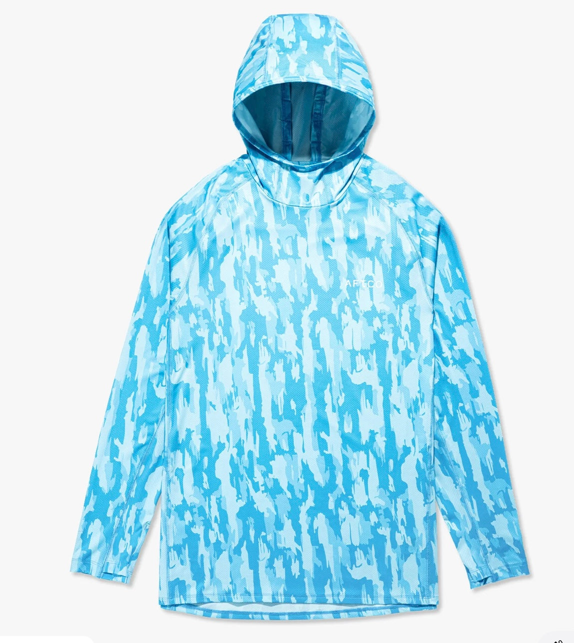 Blue camouflage hooded jacket on a white background