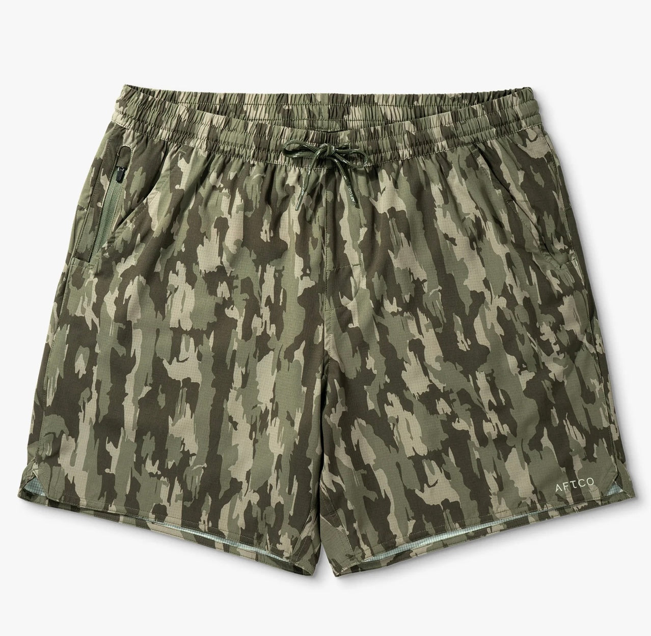 Camouflage-patterned shorts on a white background