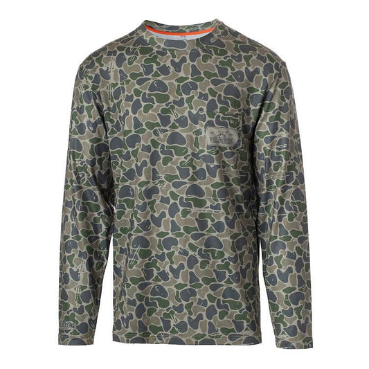 Camouflage-patterned long-sleeve shirt on a white background
