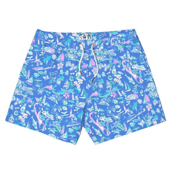 Blue swim shorts with colorful beach-themed pattern on a white background