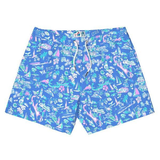 Blue swim shorts with colorful beach-themed pattern on a white background