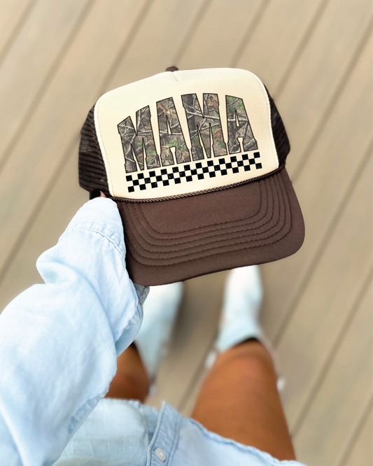 Brown and cream MAMA Camo trucker hat 