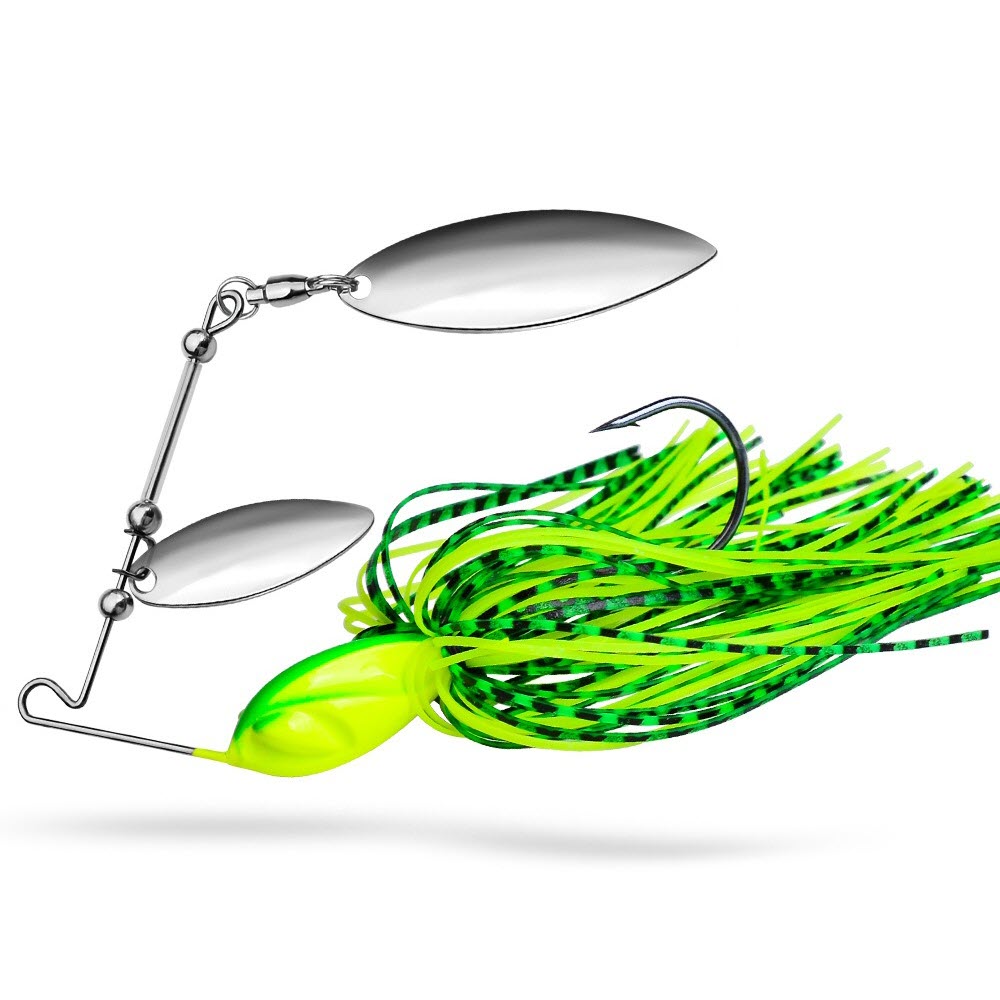 Fishing lure with green and black skirt on a white background