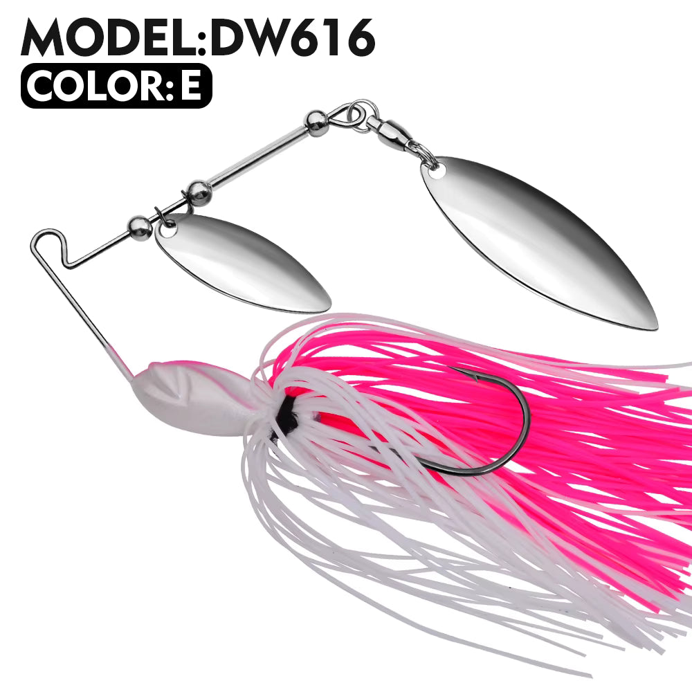 Fishing lure with two silver blades and pink and white skirt on a white background, model DW616 color E.