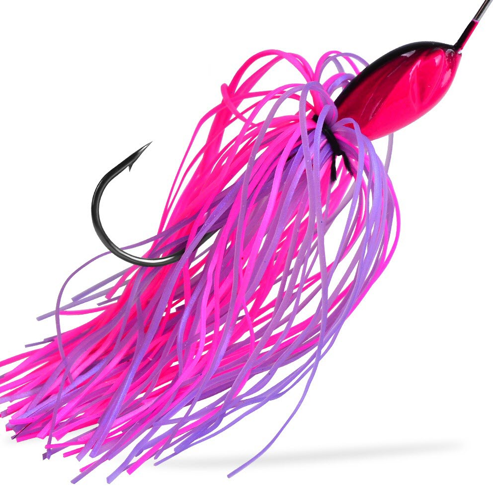 Fishing lure with pink and purple skirt on a white background