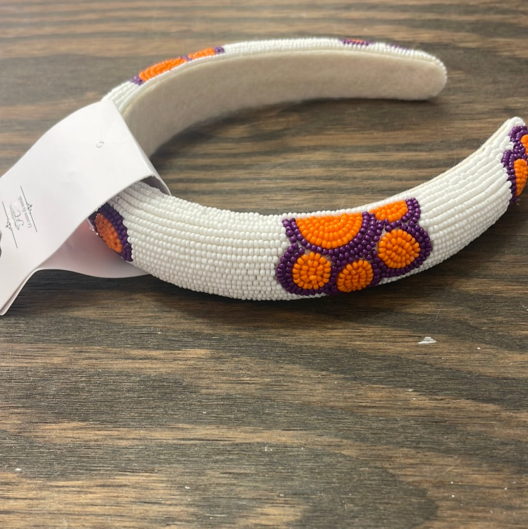 Purple & Orange paw on white beaded headband