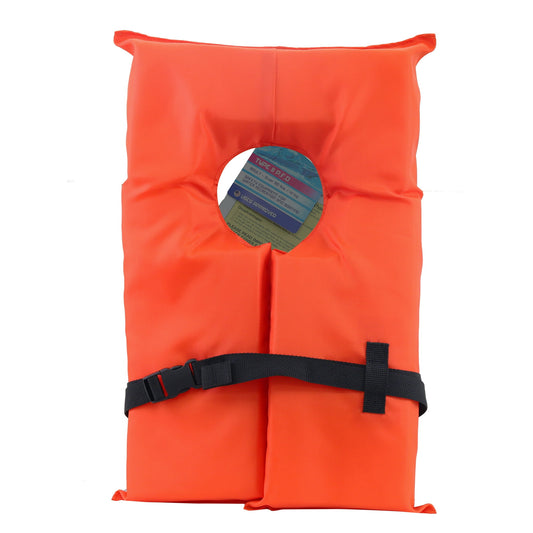 Bright orange adult life jacket with adjustable black strap at Corner Outpost in Aynor, SC