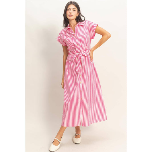 Women’s pink and white striped midi dress with buttons, collar, and adjustable waist tie