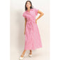 Women’s pink and white striped midi dress with buttons, collar, and adjustable waist tie