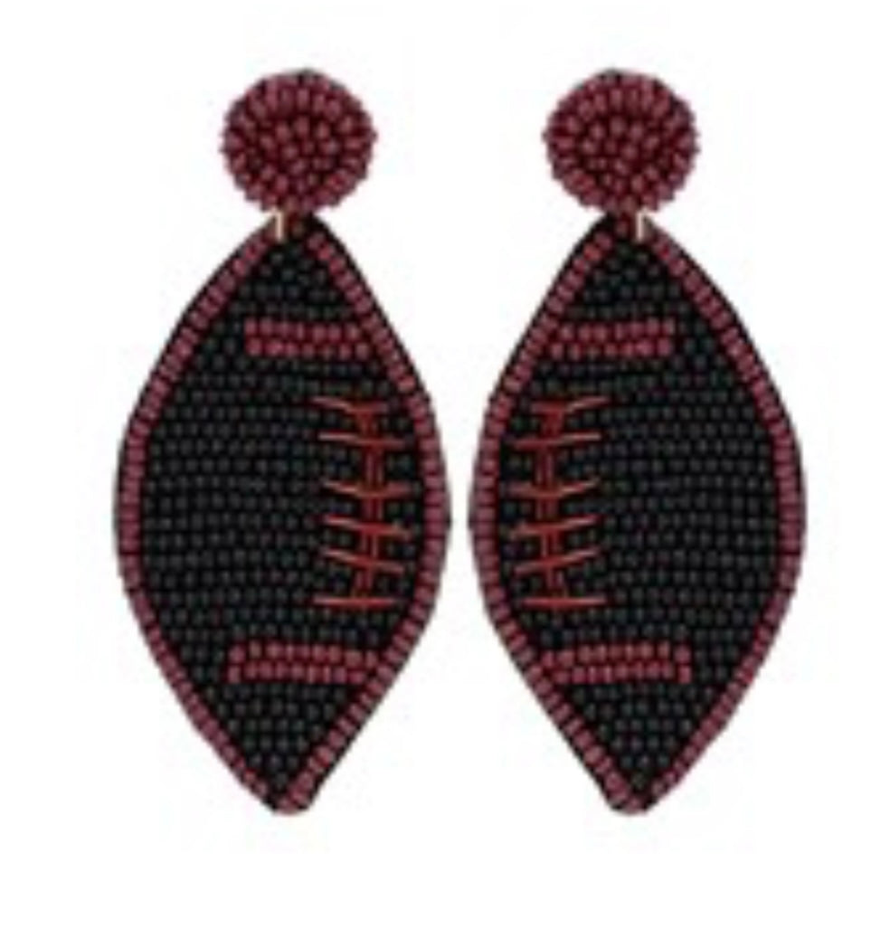 Burgundy & Black Beaded Football Earrings