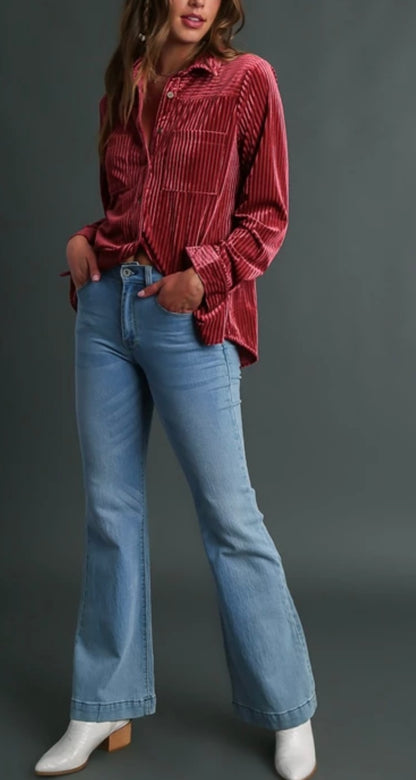 Berry Stripe Textured Velvet Button Up