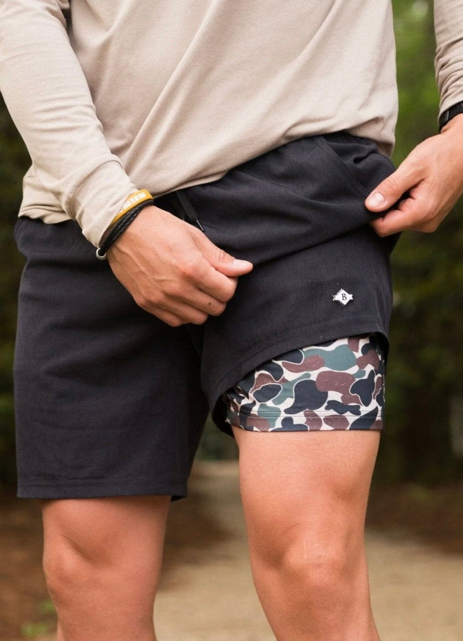 Burlebo Athletic- Heather Black - Throwback Camo Liner Shorts