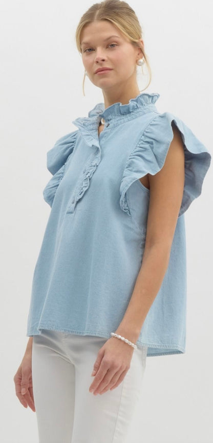 Kristy Lt Denim Ruffle Top