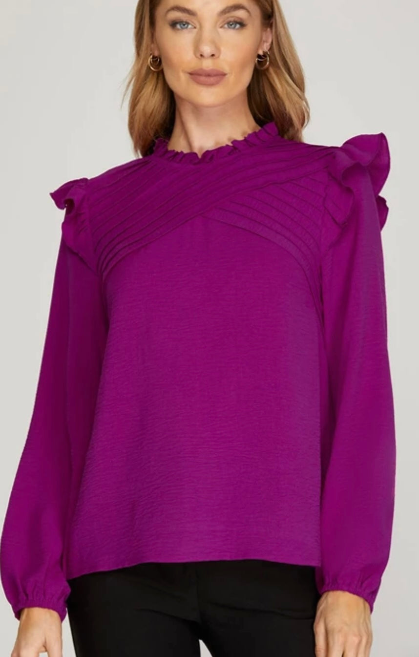 Magenta Long Sleeve Pintuck Woven Top