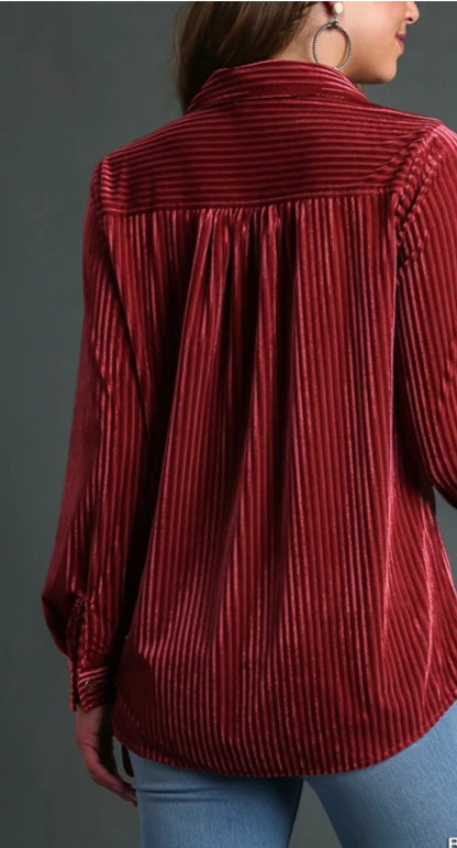 Berry Stripe Textured Velvet Button Up