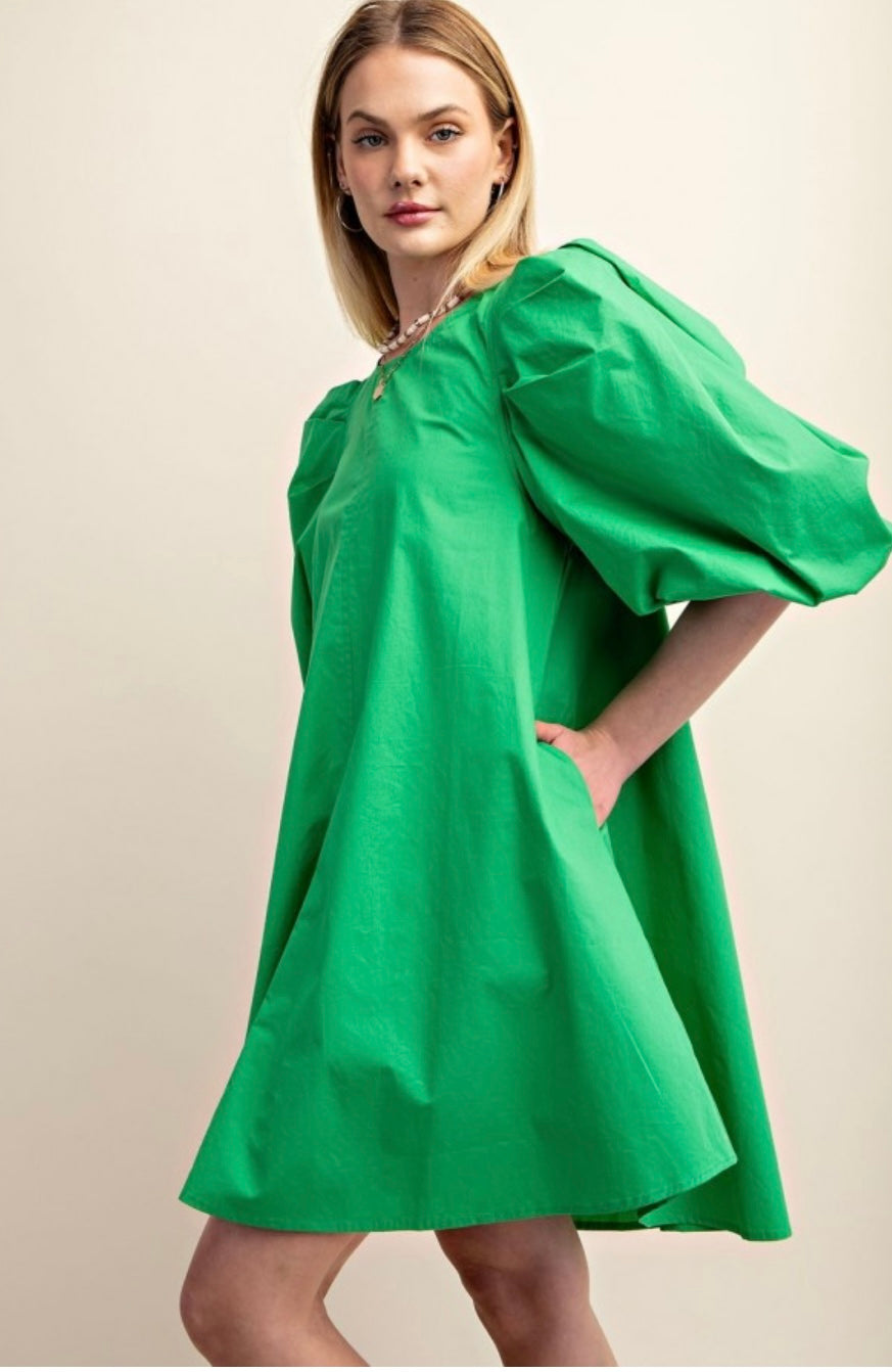 Green with envy puff sleeve mini dress with side pockets