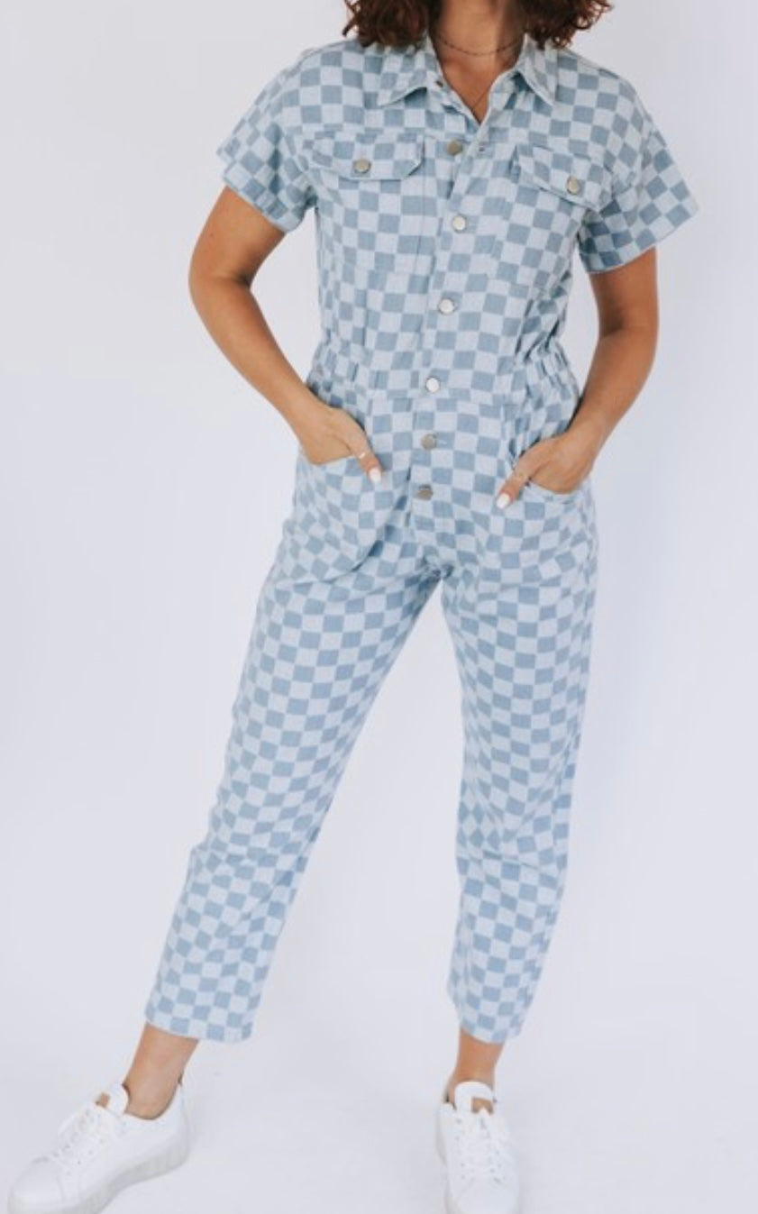 All Checkered Out Denim Romper