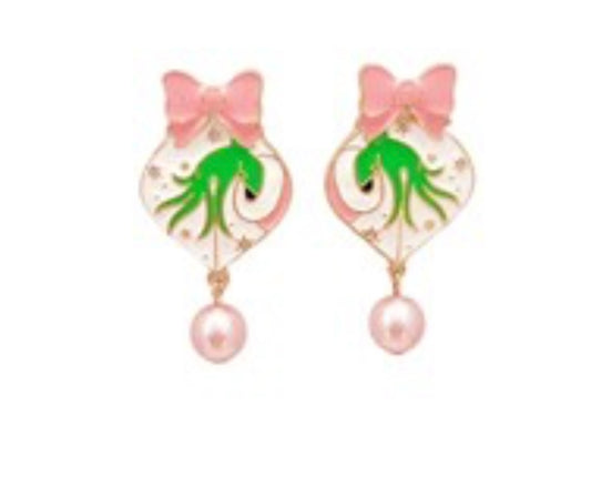 Christmas Ribbon Pearl Drop Earrings